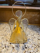 VTG Angel Stained Glass Suncatcher Candle Holder Figurine Iridescent Gold