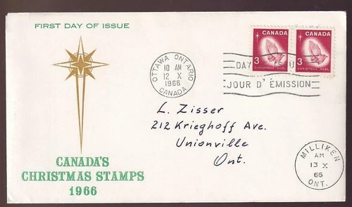 Canada FDC 1966 sc#451 Christmas 3¢ pair, unique cachet, double cancel