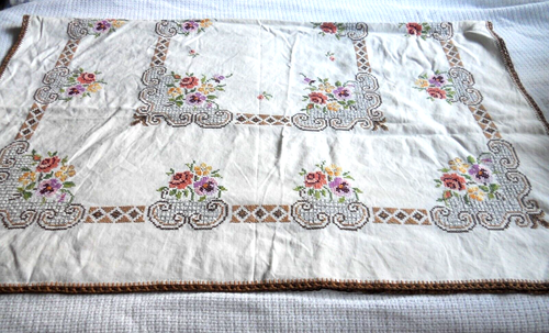 VINTAGE HANDMADE CROSS STITCH TABLECLOTH~47 1/4" x 60"~MULTICOLOR FLORAL - Picture 6 of 8