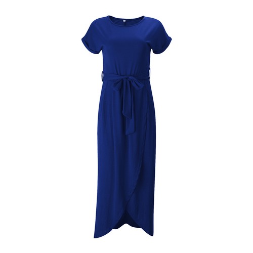 Damen Rundhals Schlitz Saum Kleid Pullover unregelmäßiges Kleid Taillenriemen Freizeit - Bild 18 von 22
