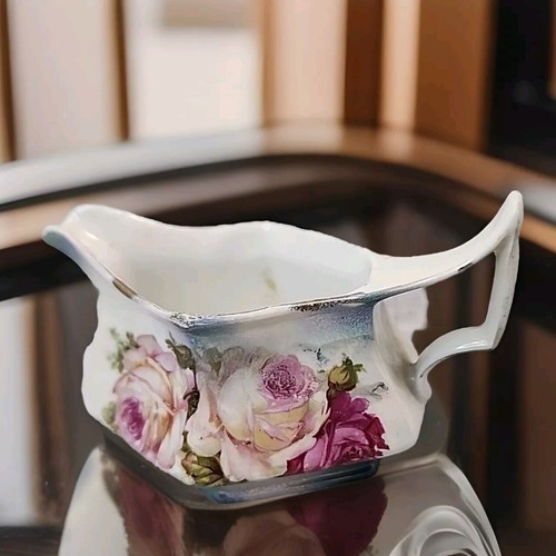 Vintage Lustreware Cream Pitcher Germany Floral Pink Roses Blue Art Deco Handle - Picture 3 of 15