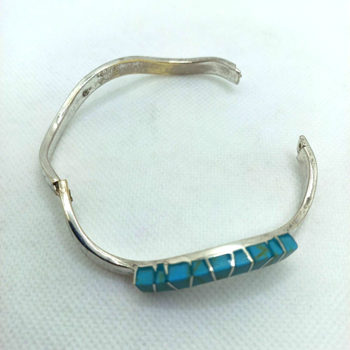 Vtg Sterling Silver Hammered Hinge Bracelet Inlay Turquoise Taxco - Picture 9 of 9