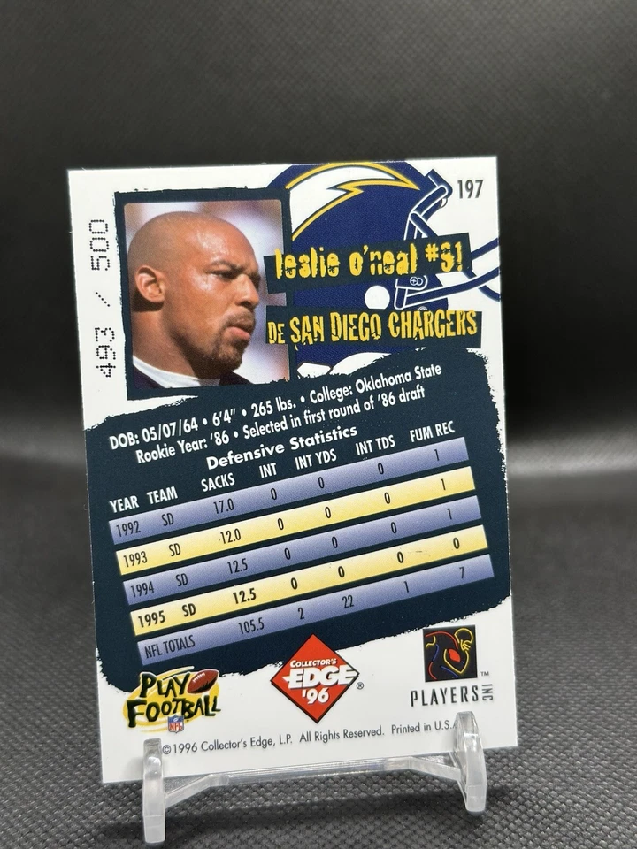 1996 Collector's Edge HOLOFOIL Parallel SP Leslie O'neal Ser #d /500 - Chargers - Image 2 of 2