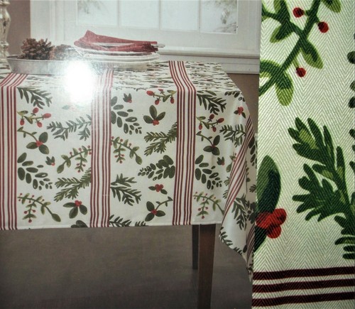 WATERCOLOR HOLLY CHRISTMAS TABLECLOTH  HERRINGBONE WEAVE PINE BERRIES 70" ROUND - Picture 1 of 6