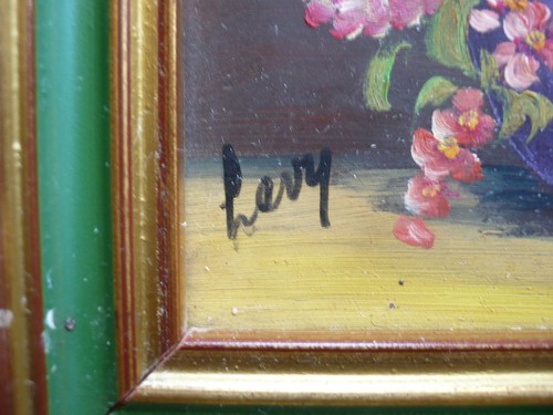 LEVY, Signed COLORFUL FLORAL FLOWERS VASE MINIATURE, VINTAGE OIL PAINTING 60s - Picture 9 of 11