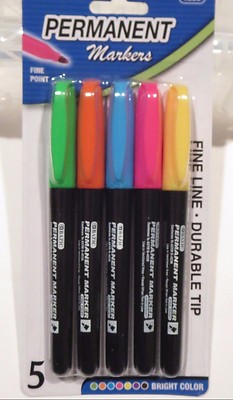 BAZIC Fancy Colors Fine Tip Permanent Markers w/ Pocket Clip 5-Pack 1209