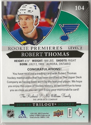 2018 2018-19 Upper Deck Trilogy Green Rookie Patch #104 Robert Thomas 12/49 - Picture 2 of 2