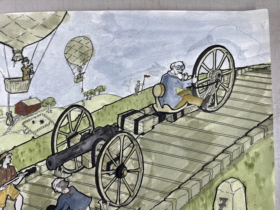 "Pintura acuarela surrealista bicicleta siendo alimentada por cañones 14x17"" arte popular" Foto 3 de 4