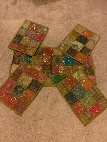 STUNNING ETHNIC DÉCOR TAPESTRY SARI BEAD SEQUIN RECTANGLE WITH 4 SIDE TABLE - Picture 8 of 12