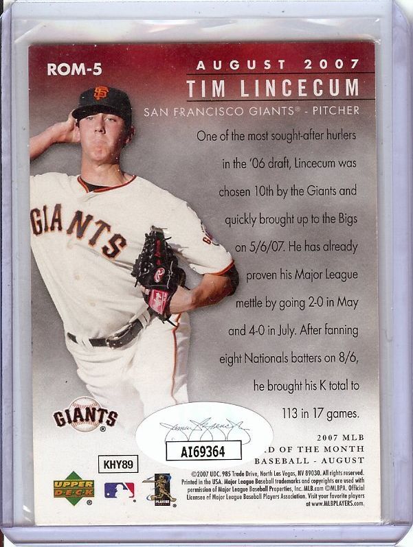 Tim Lincecum 2007 Upper Deck Signed Autograph Rookie of