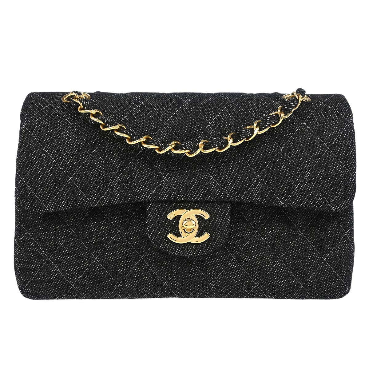 Chanel Black Denim Small Classic Double Flap Shoulder Bag 194644