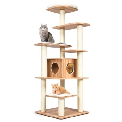 Wood Cat Tree Climbing Tower Multi-Level Activity Center Playing Cat House Condo