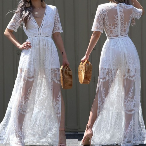 Women's short sleeved deep V-neck floral long bridesmaid dress lace dress - Picture 6 of 15
