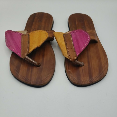 leather Sandals Maos De Mestre Handcrafted Rubber Bottom Multicolor Top Preowned - Picture 4 of 12