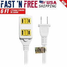 6 FT 3 Outlet Indoor Wall AC Extension Cord Cable w/ Safety Cover White UL List