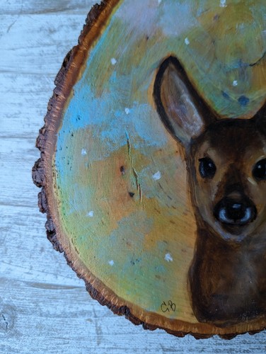 Dolce dipinto ad olio originale di cervo bambino cervo su bordo vivo pezzo di legno - Foto 3 di 8