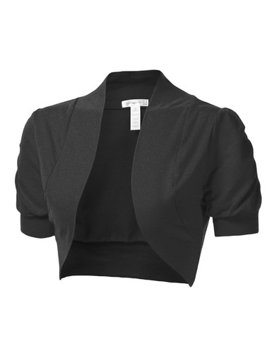 NEW Short Sleeve Cotton Bolero Shrug Solid Cropped Top Open Front Blouse - Picture 2 of 18