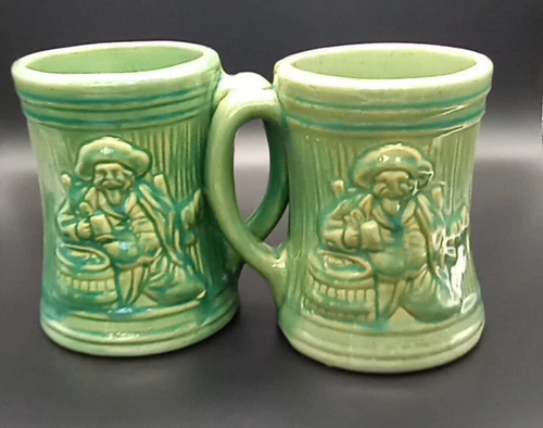 2 Vintage McCoy 1920's Buccaneer Pirate Stoneware Mugs #6 Green Cup