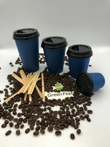 100 x Navy Blue Paper Cups Disposable Coffee Tea Cups For Hot Drinks With Lids - Picture 2 of 7
