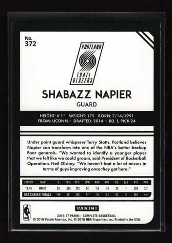 2016-17 Panini Complete #372 Shabazz Napier (NM)(BSK) - Bild 2 von 2