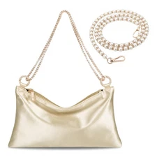 Satin Evening Clutch Bag – Women's Wedding Shoulder Purse w/ 2 Chains (Champagne