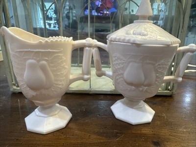 Jeannette Pink Milk Glass Baltimore Pear Creamer and Lidded Sugar Bowl