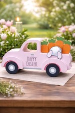 NEW Rae Dunn HAPPY EASTER Pink Wood Truck Carrots Bunny 8x5 Decor