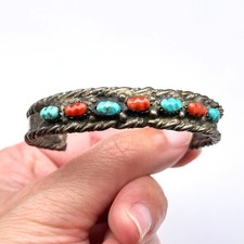 Vintage Southwestern Turquoise Coral Silver Bracelet Cuff Small 6-1/4"