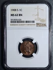 1908 1CINDIAN HEAD BRONZE CENT KM# 90a NGC MS 62 BN  A7852