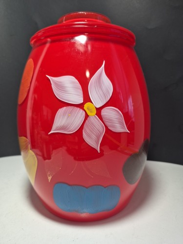 MCM Bartlett Collins Hand Painted Gay Fad Red Glass Cookie Jar Fruit Flower 9" - Picture 1 of 12