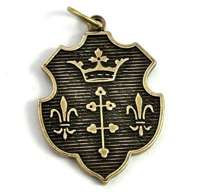 Antiqued Brass Shield Charm Heraldic Crest Crown Cross Fleur de Lis Pendant