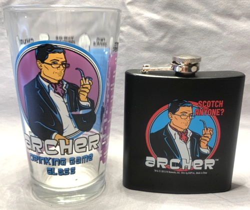 Rare Set of ARCHER Animated FX TV Show Drinking Game Pint Glass and Flask in Box