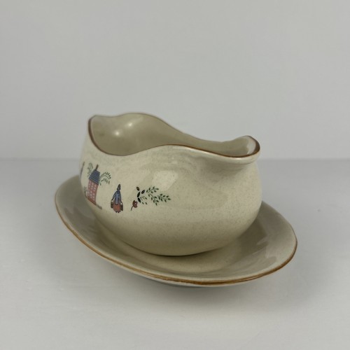 Newcor Stoneware Gravy Boat with Under-plate Vintage Farmhouse Scene - Picture 3 of 13