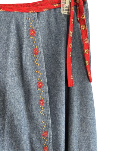 VTG Denim Wrap Skirt Maxi Floral Embroidered Sz 4 Cottagecore Modest 90s Western - Picture 12 of 12
