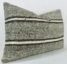 Decorative Turkish Kilim Lumbar Pillow Cover 16x24 Vintage Black & White Pillow