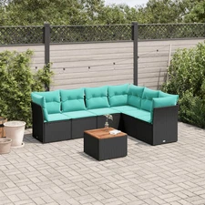 7 Piece Patio Sofa Set with Cushions Black Poly Rattan
