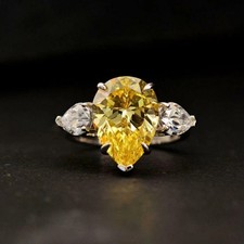 2.50Ct Pear Cut Yellow Citrine Three Stone Engagement Ring 14K White Gold Plated