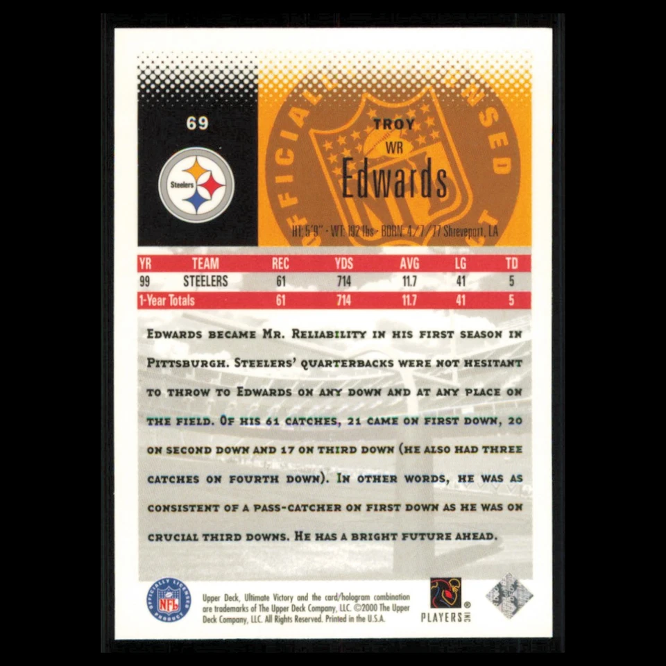 Troy Edwards #69 2000 Upper Deck Ultimate Victory Pittsburgh Steelers Football - Image 2 of 3