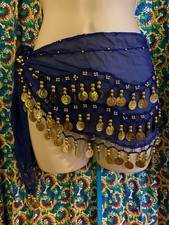 Navy 53.5" wide, Women's Belly Dance Hip Scarf, 3 rows Gold Coins, 2 Row Beads