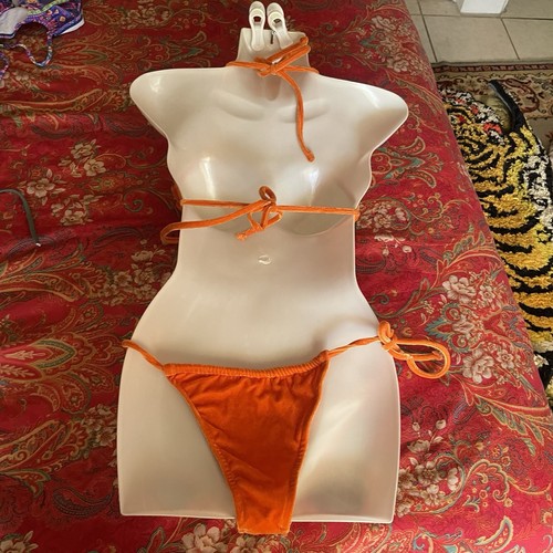 M Orange Velour Velvet String Triangle Bikini Set Adjustable Bottoms Plush Soft - Picture 3 of 10