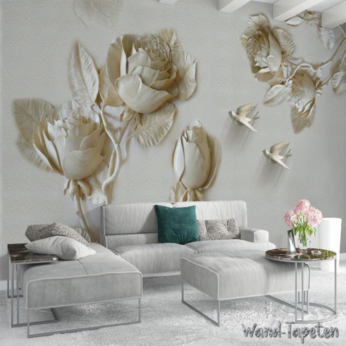 Fotomural no tejido papel pintado murales 3D relieve dorado rosas y pájaros 3833 - Imagen 2 de 5
