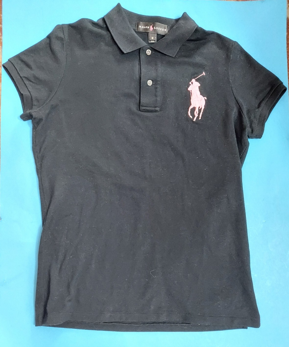 Ralph Lauren Large Pink Pony Logo Black Polo Shirt Medium Vintage