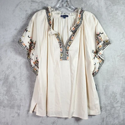Democracy Blouse Womens Plus 2X Beige Embroidered Boho Peasant Top Cottagecore - Image 1 of 4