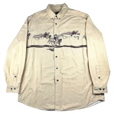 Vintage Woolrich Western Horse Print Button Up Shirt Mens Sz XXL Long Sleeve Tan