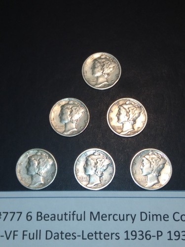 Lot #777 6 Beautiful Mercury Dimes 1936-P 1937-S 1939-P 1941-P 1942-P & 1943-P - Picture 2 of 4