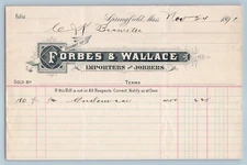 Ephemera BILLHEAD RECEIPT Forbes & Wallace Jobbers Nov 24 1891 Springfield Mass