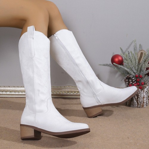 Damen-Cowboystiefel Schuhe Western Retro halbhoher Reißverschluss niedriger Absatz spitz zulaufend Schuhe - Bild 15 von 18