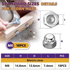 M8-1.25mm Acorn Cap Nuts, 18Pcs Metric Hex Acorn Nuts Stainless Steel