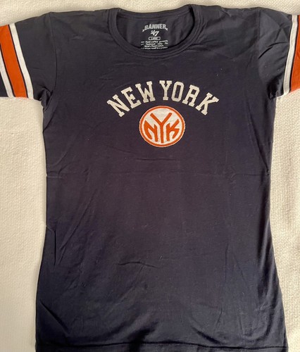 NY KNICKS WOMENS SHIRT LARGE BANNER 47 CREW NECK MSG NBA BASKETBALL BLUE