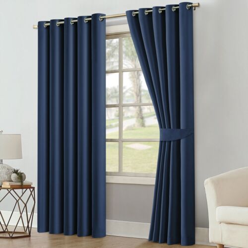 Thick Thermal Blackout Curtains Ready Made Eyelet Ring Top Pair Panel +Tie Backs - Picture 4 of 81